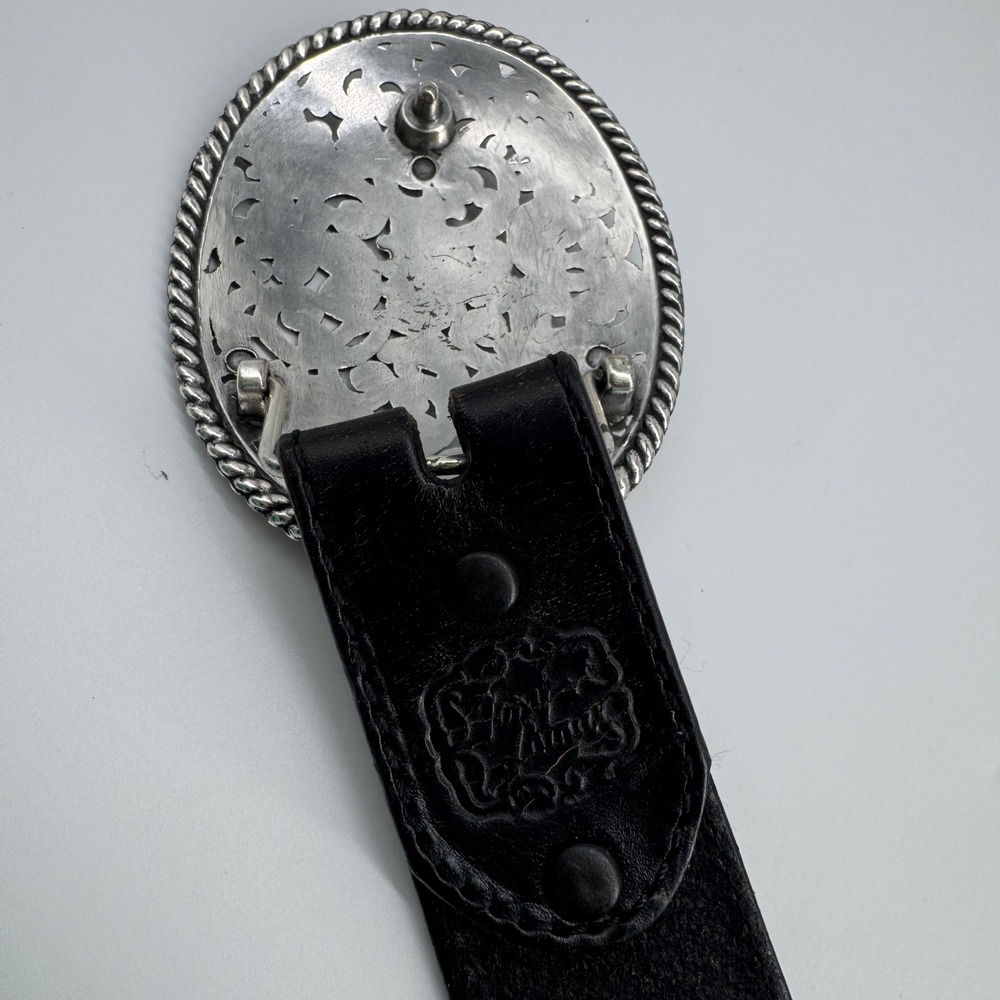 Tony Lama Size 34 Ornate Silver Scroll Buckle Black Cutout Western Belt - Picture 8 of 10